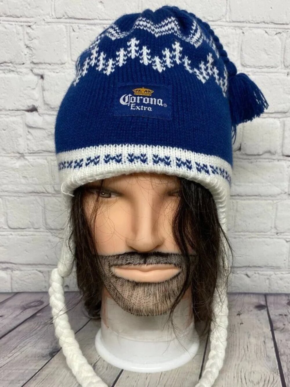 Corona Extra Beanie Knit Peruvian Toque Hat Winter Cap Blue White Beer Brewski